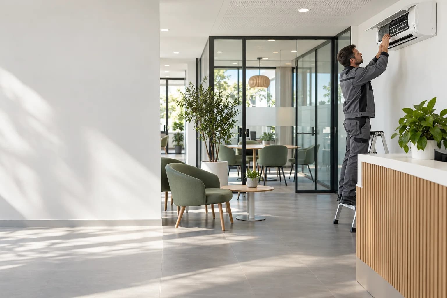 Un technicien vérifie la climatisation dans des locaux d’agence lumineux.